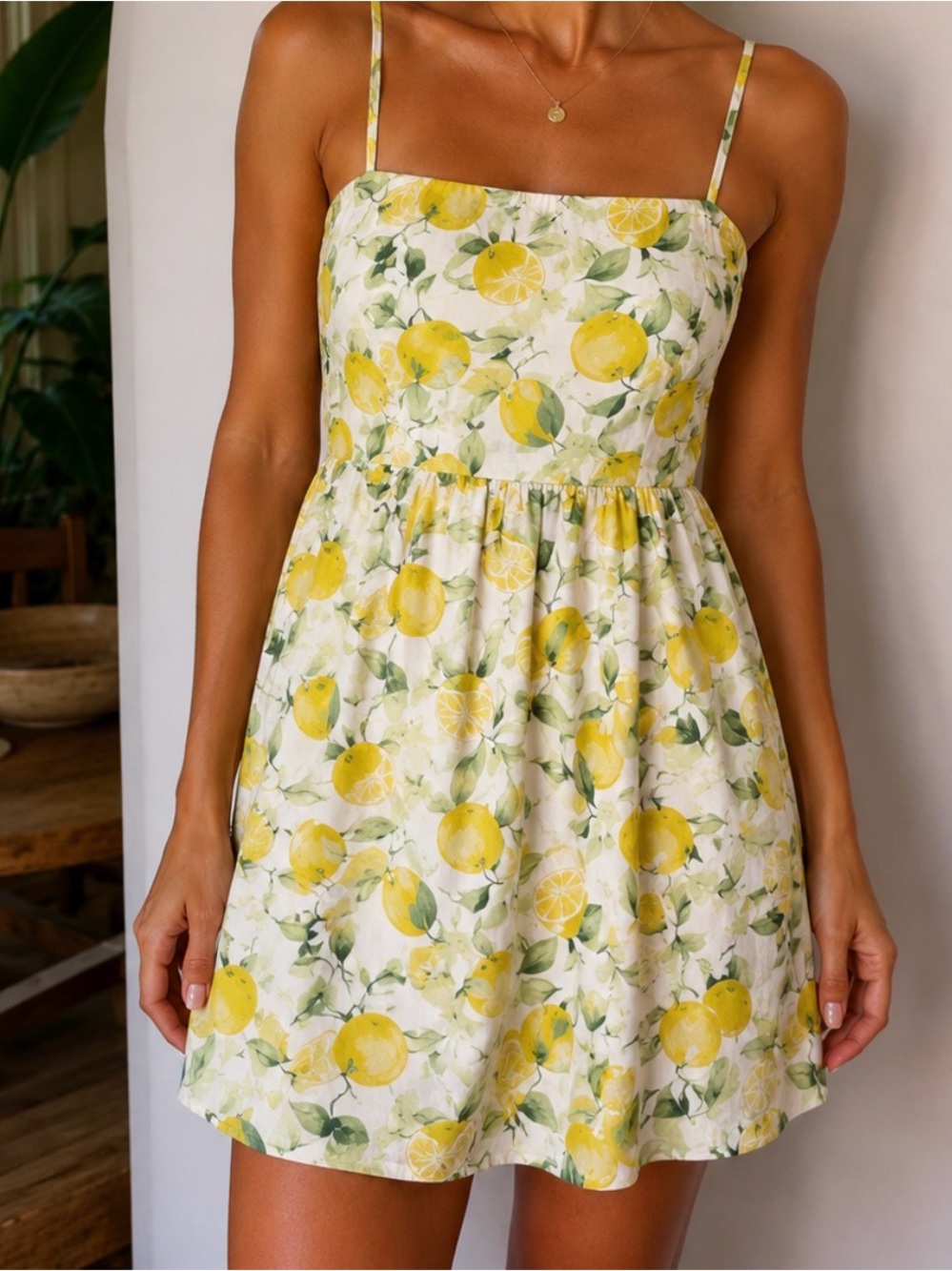 H&M Lemon Print Spaghetti Strap Mini Dress - Yellow